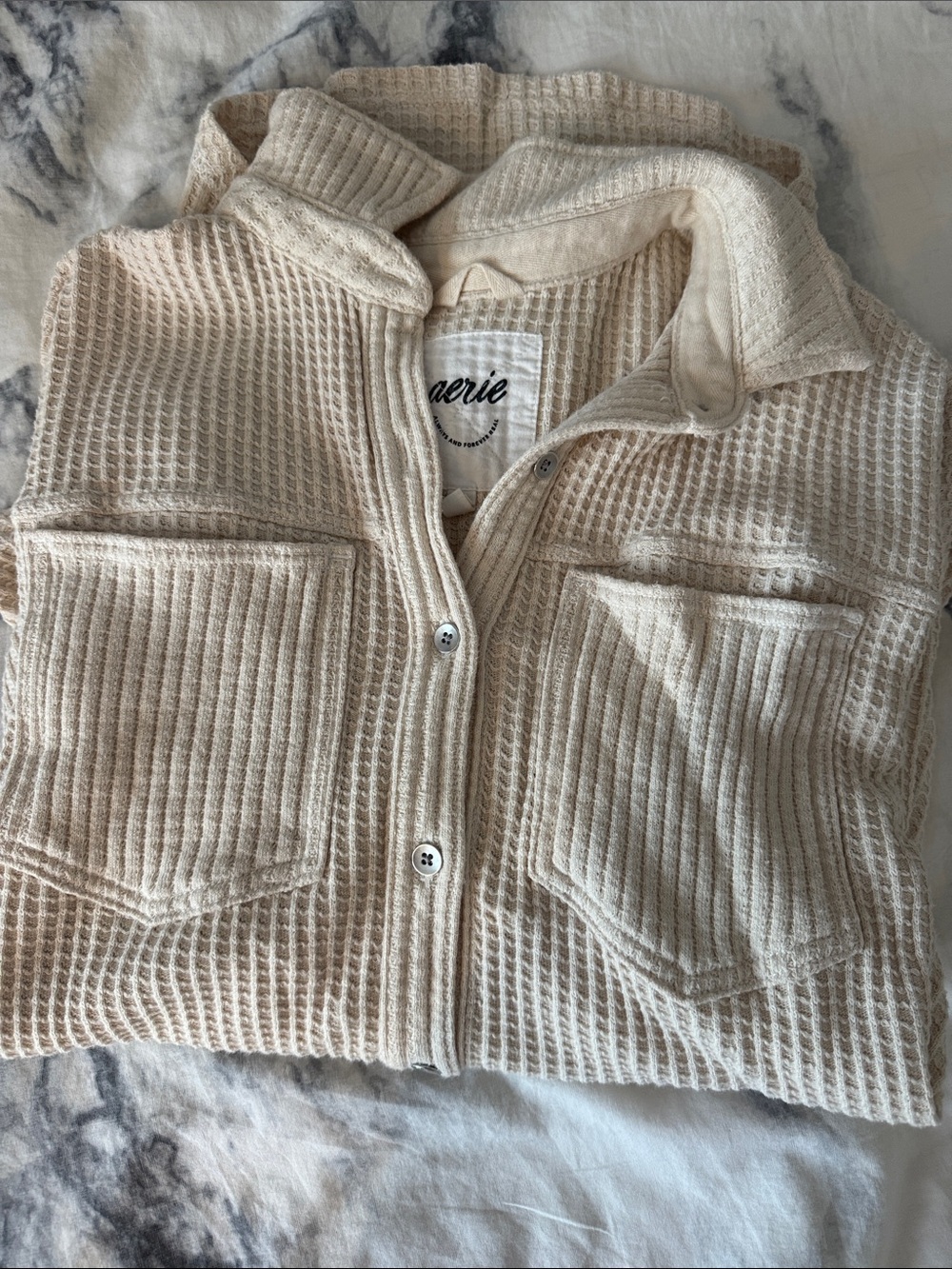 aerie Cream Waffle-Knit Button Cardigan Shacket